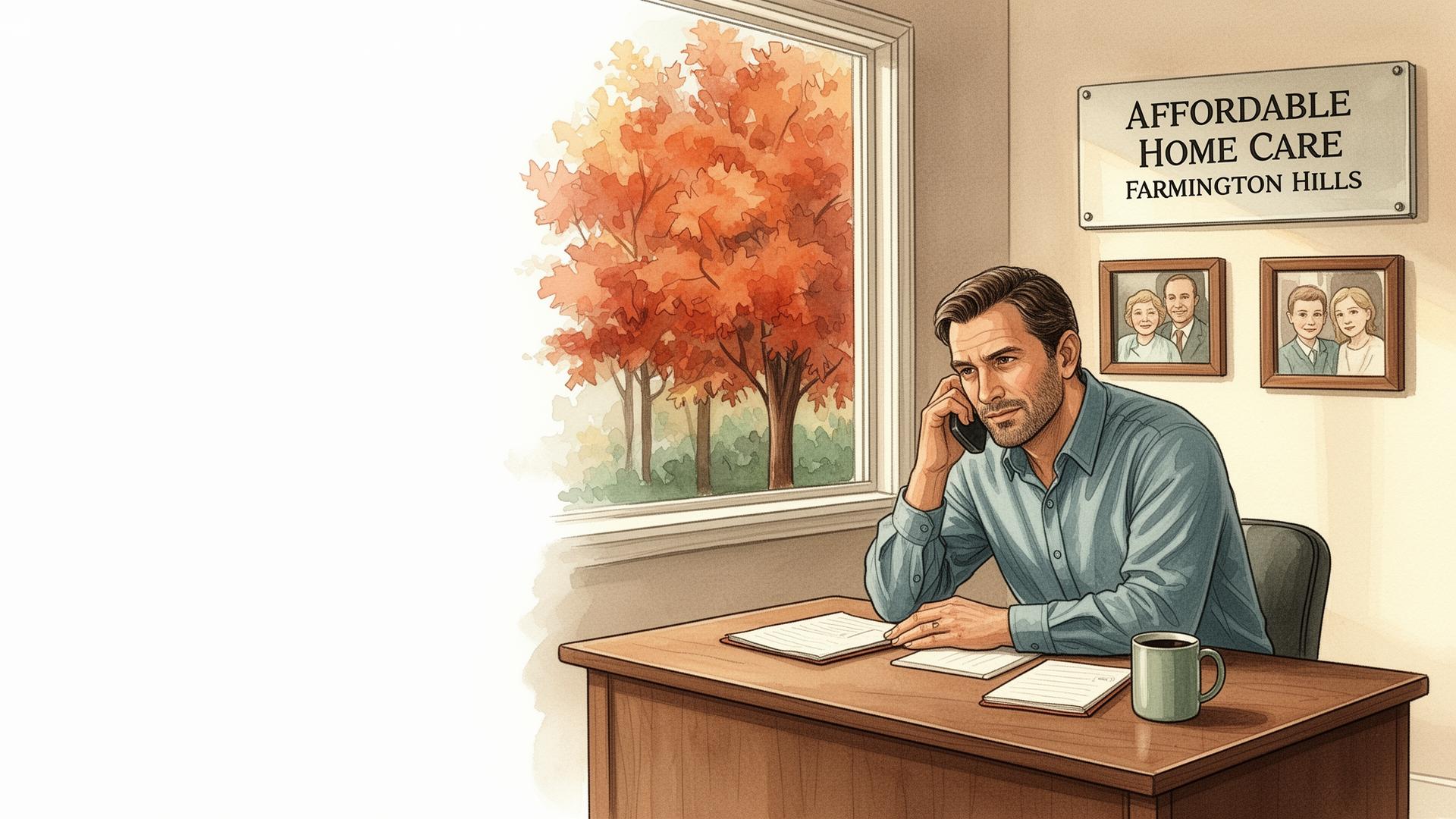 Editorial illustration of Austin Adair at his desk, listening on a phone call in the Affordable Home Care office in Farmington Hills, Michigan