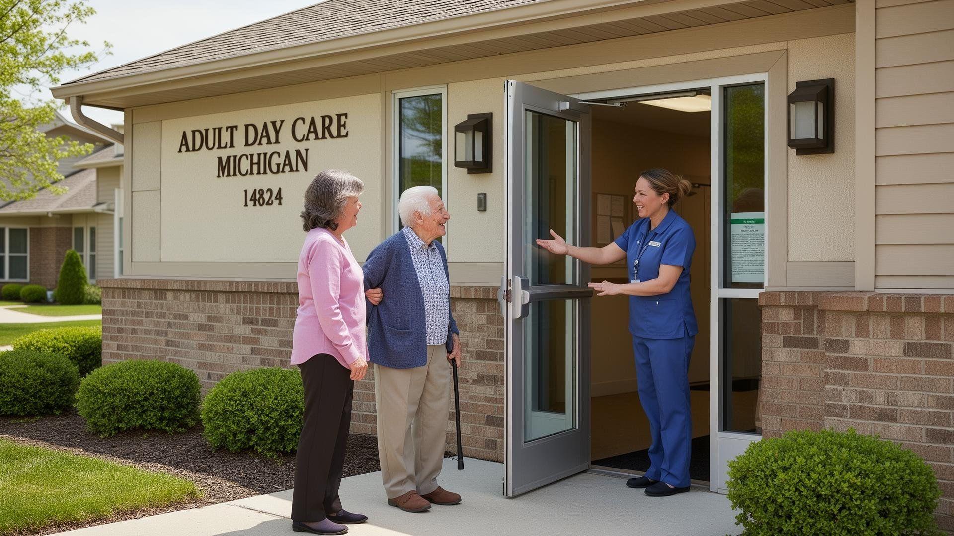 Family dropping off elderly parent at adult day program in Michigan