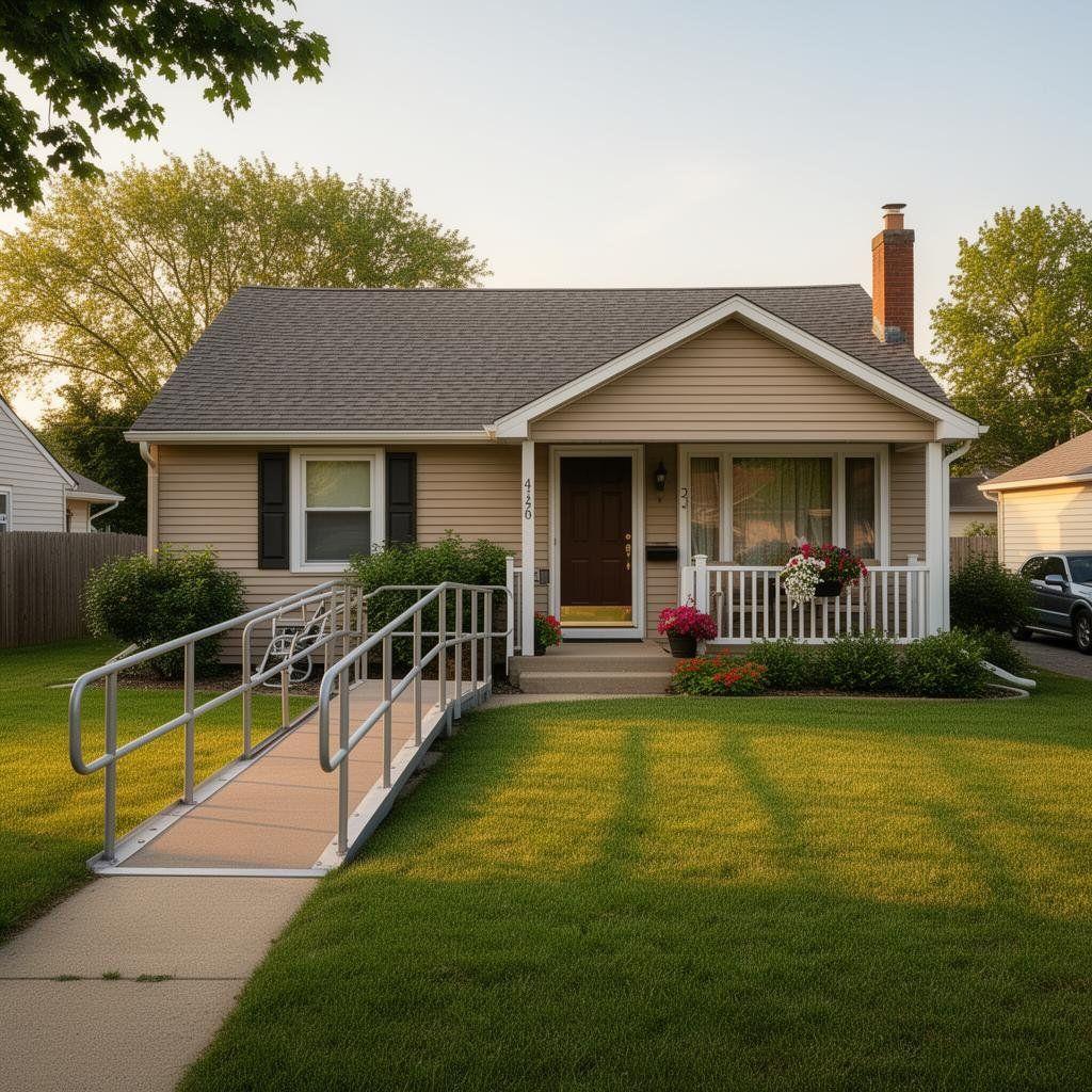 Adult foster care home exterior in Michigan suburb with wheelchair ramp