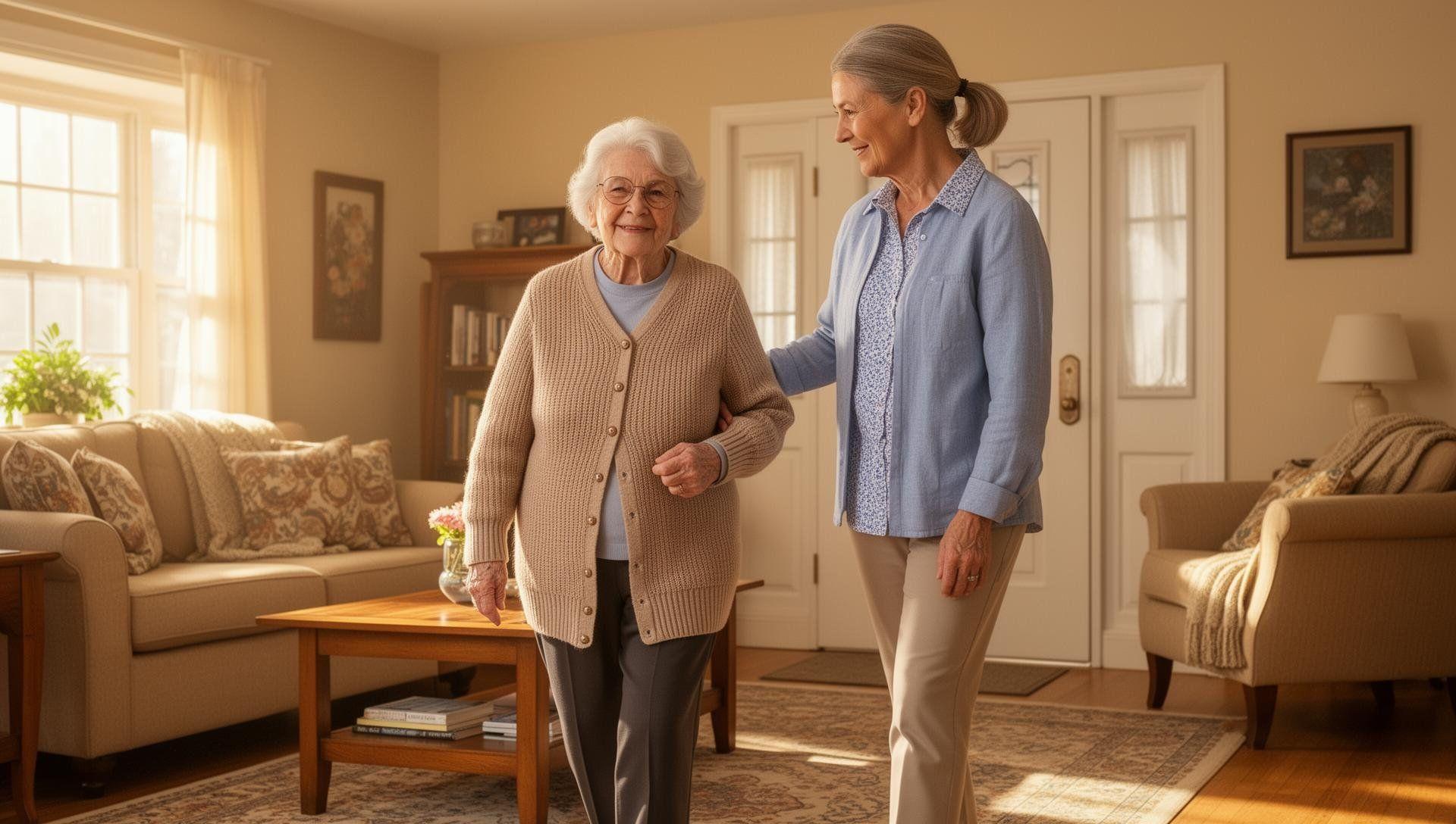 Adult foster care home in Michigan with caregiver helping senior