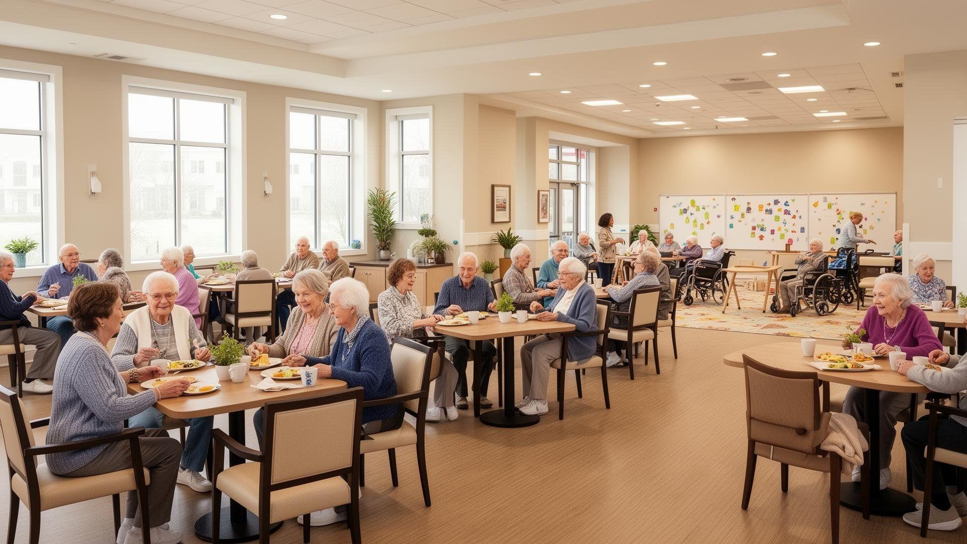 Assisted living facility common area with seniors socializing in Michigan