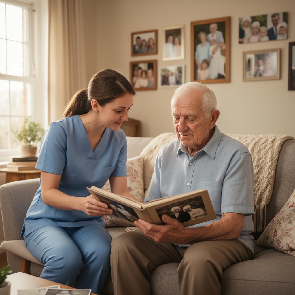 Dementia caregiver helping elderly man with photo album at home in Michigan