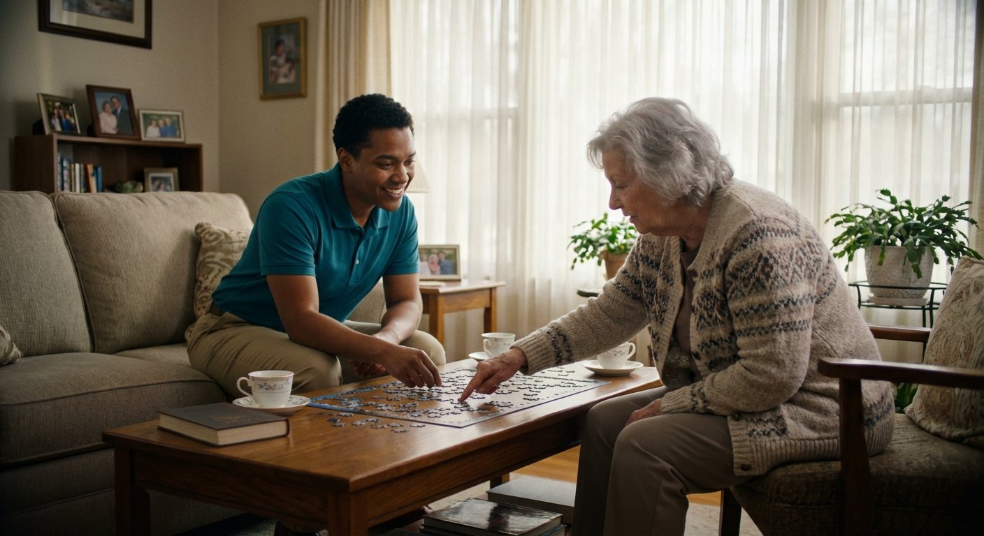 Home care caregiver doing jigsaw puzzle with elderly woman in Michigan home