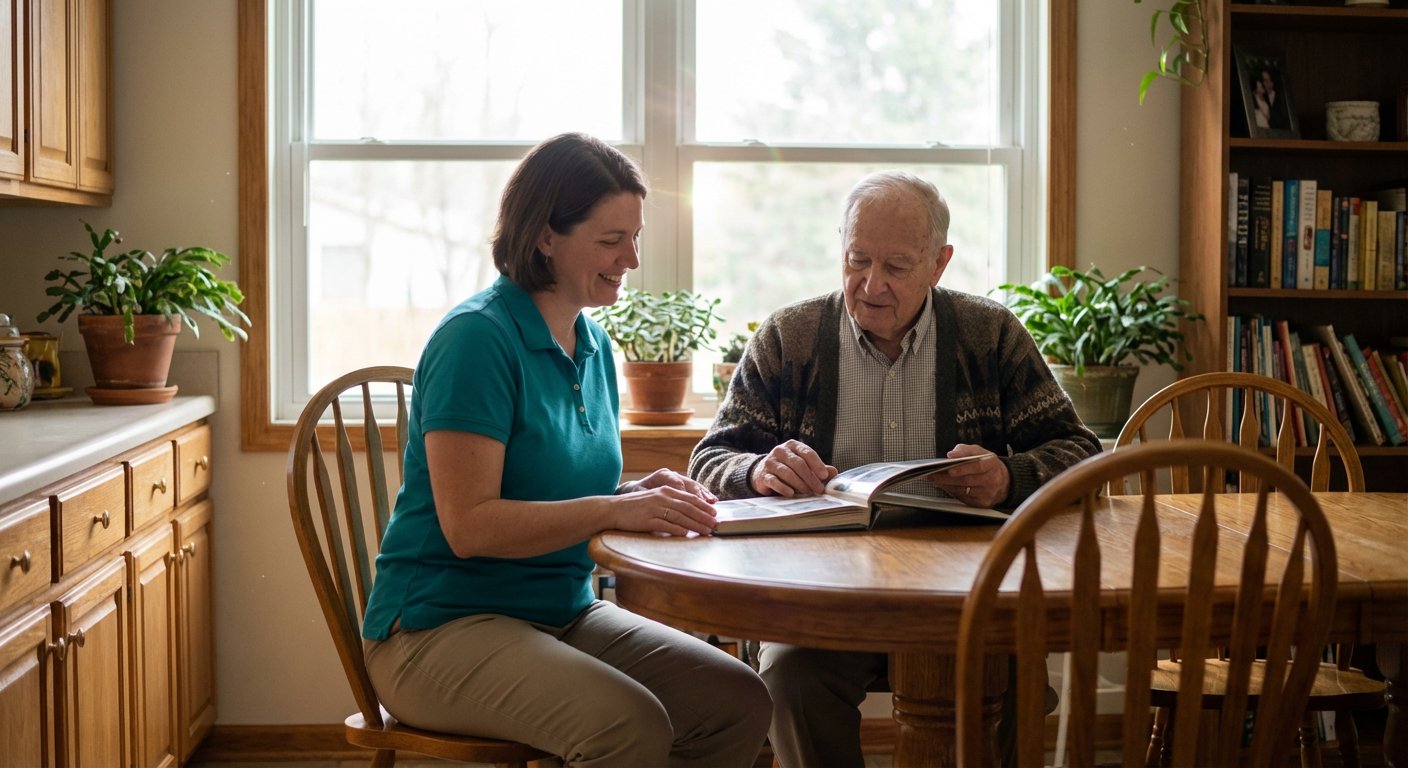 Home care caregiver sharing coffee with elderly woman in Michigan kitchen