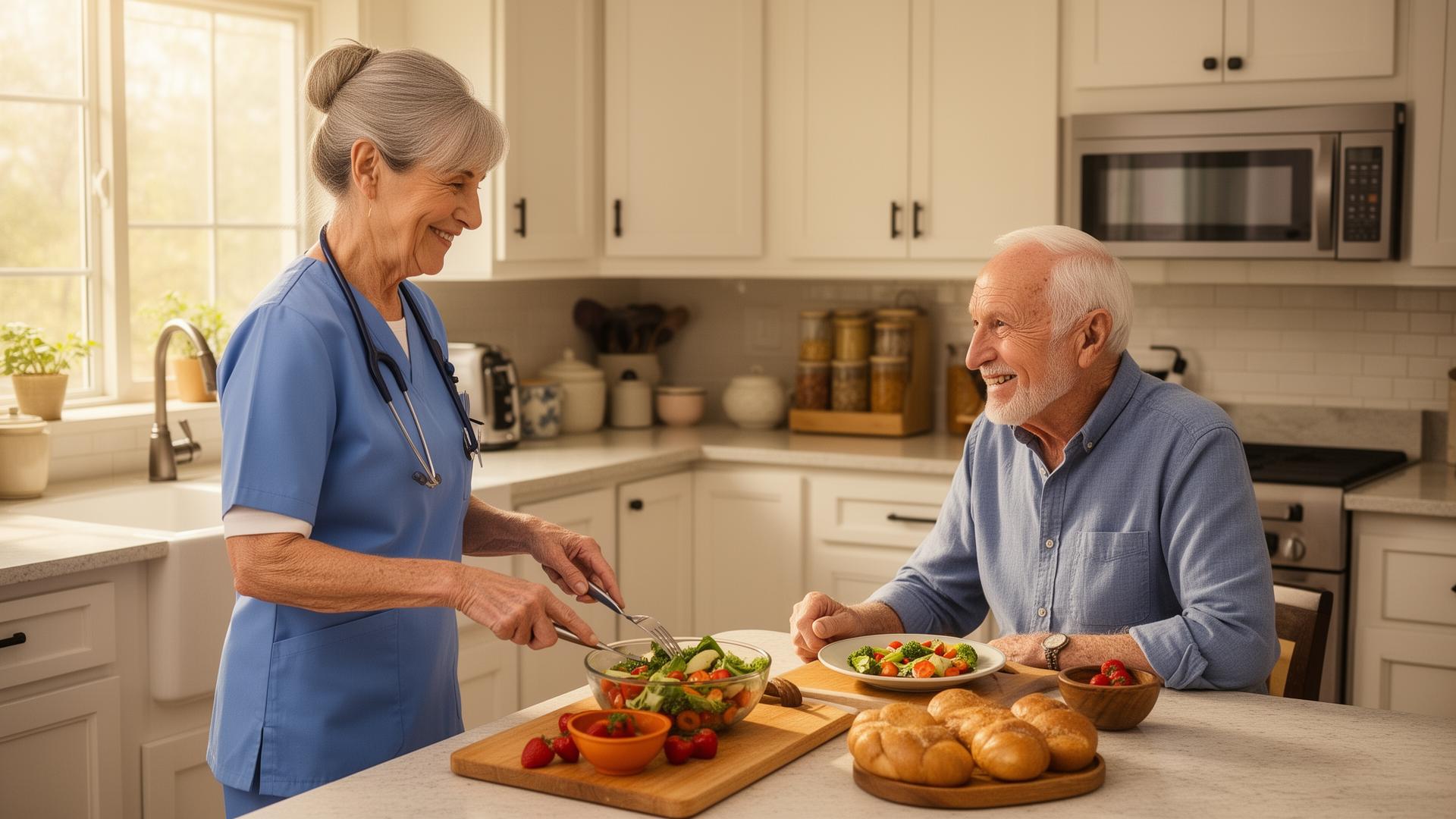 Home care caregiver preparing personalized meal for elderly man in Michigan kitchen