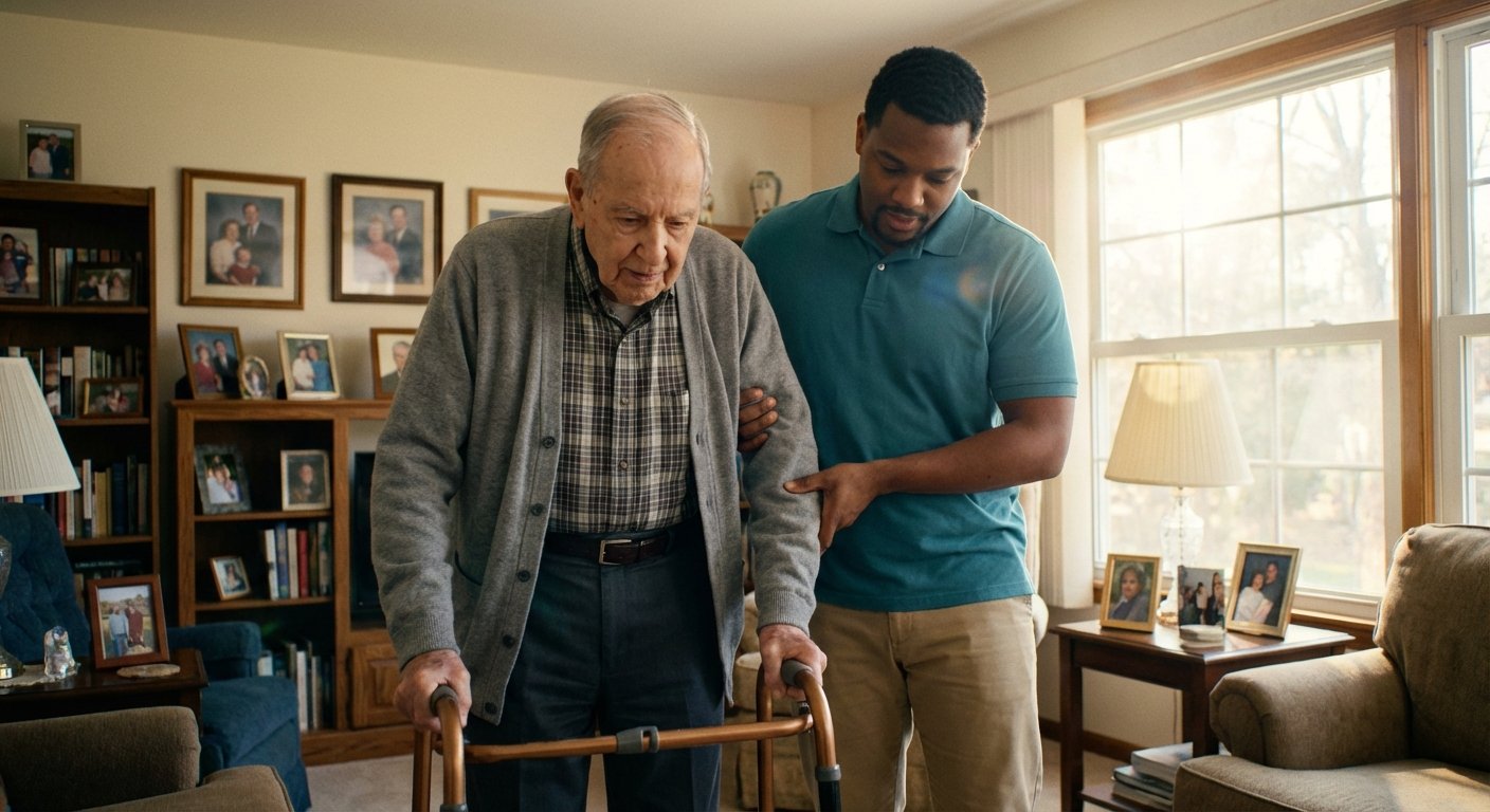 Home care caregiver assisting elderly man with rehabilitation exercises at home