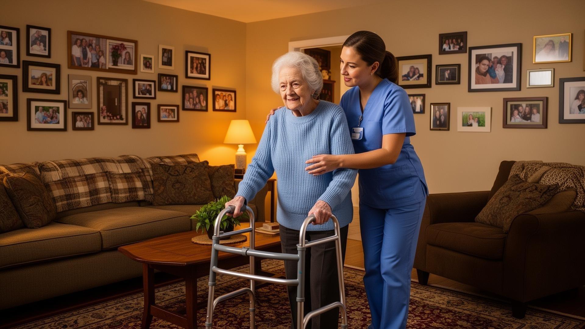 Home care caregiver assisting elderly woman with walker in Michigan home