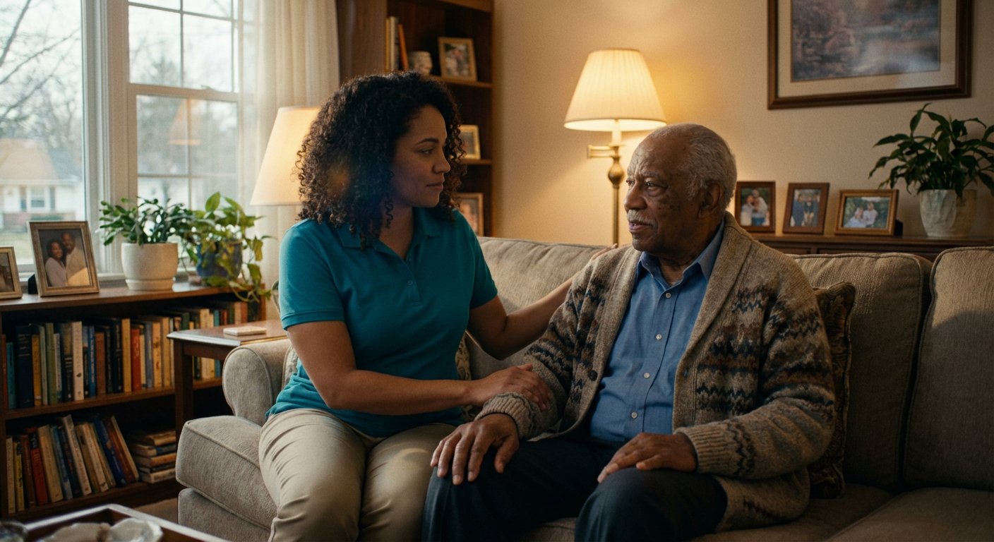 Live-in caregiver serving tea to elderly couple in Michigan home