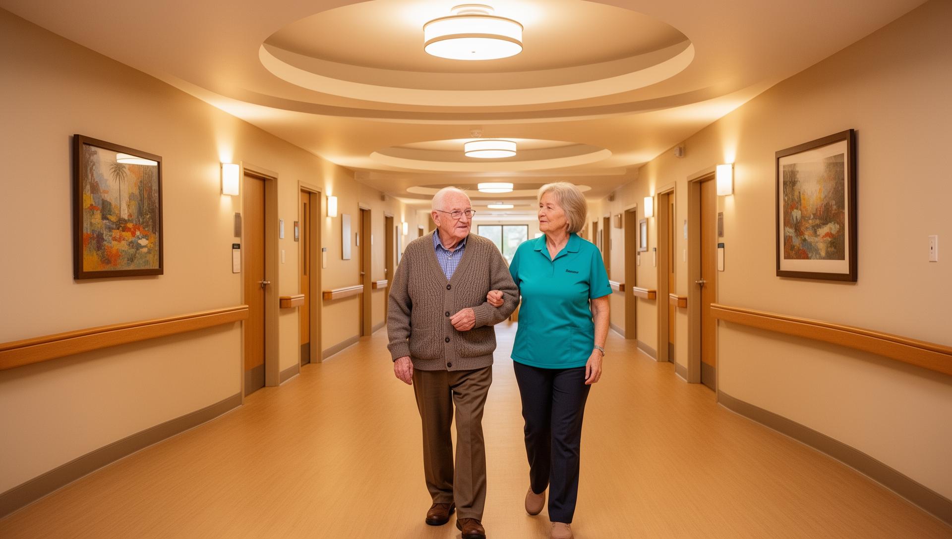 Memory care facility hallway with caregiver assisting senior