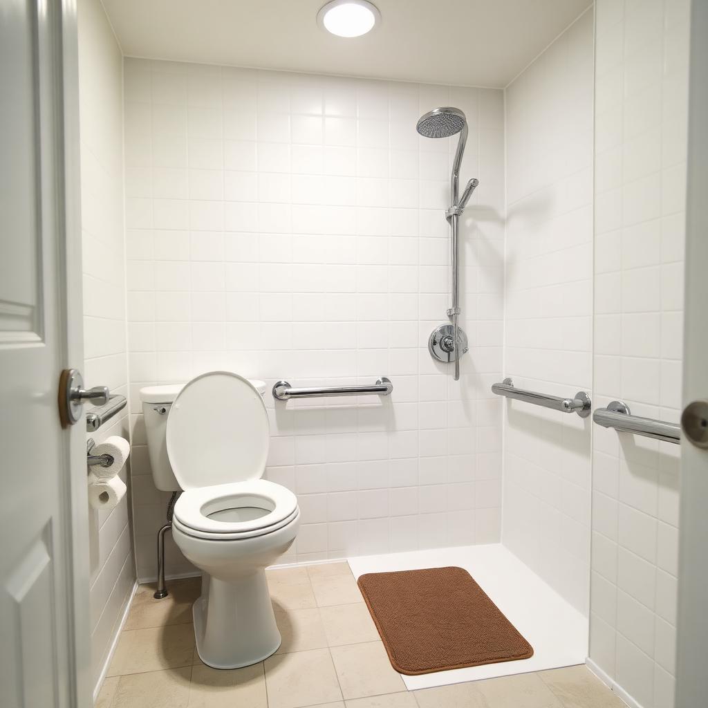 Bathroom with newly installed grab bars and non-slip mat, prepared for senior safety