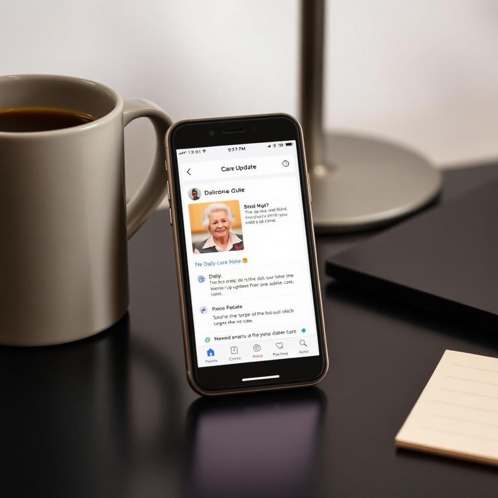 Smartphone showing care update app with daily notes about a senior's wellbeing