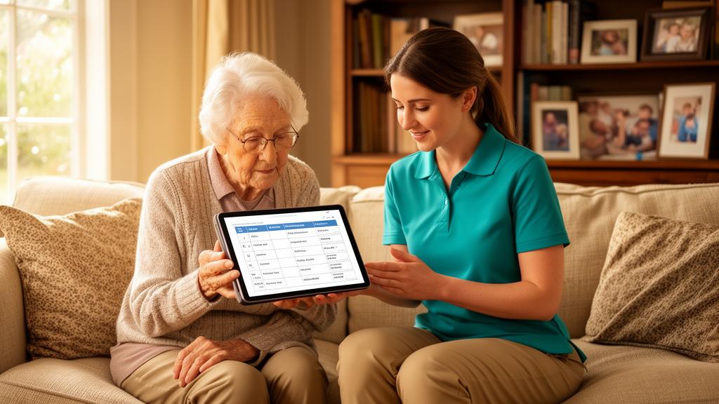 Caregiver and family members reviewing a care plan document together at home