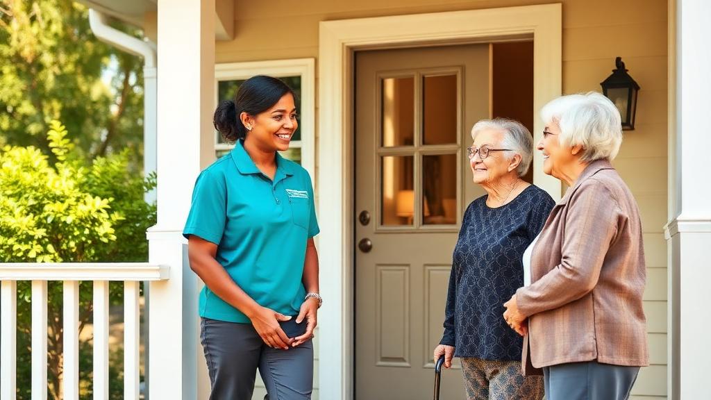 Professional caregiver arriving for a first home care visit, warmly welcomed by a senior couple