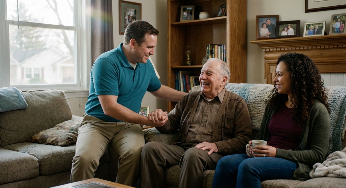 Caregiver in teal polo assisting senior while family looks relieved, demonstrating the value of professional home care