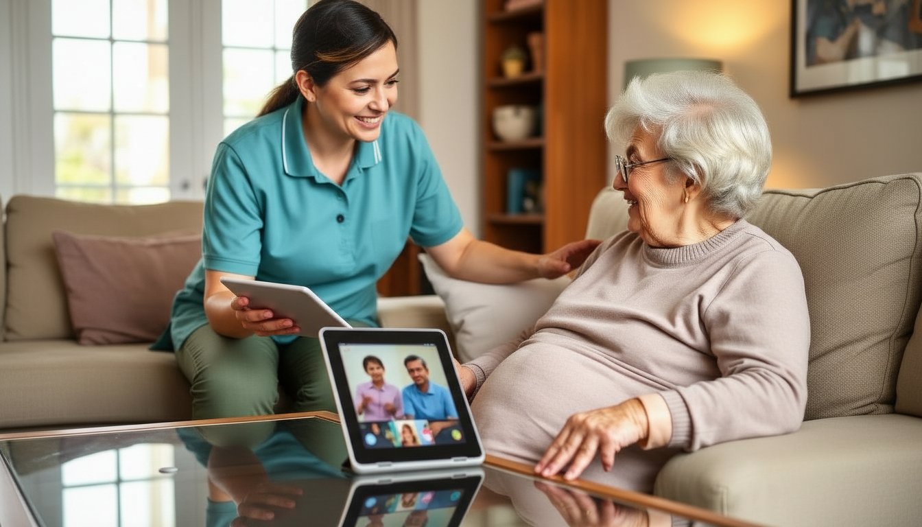 Caregiver in teal polo helping senior while family watches remotely via tablet video call