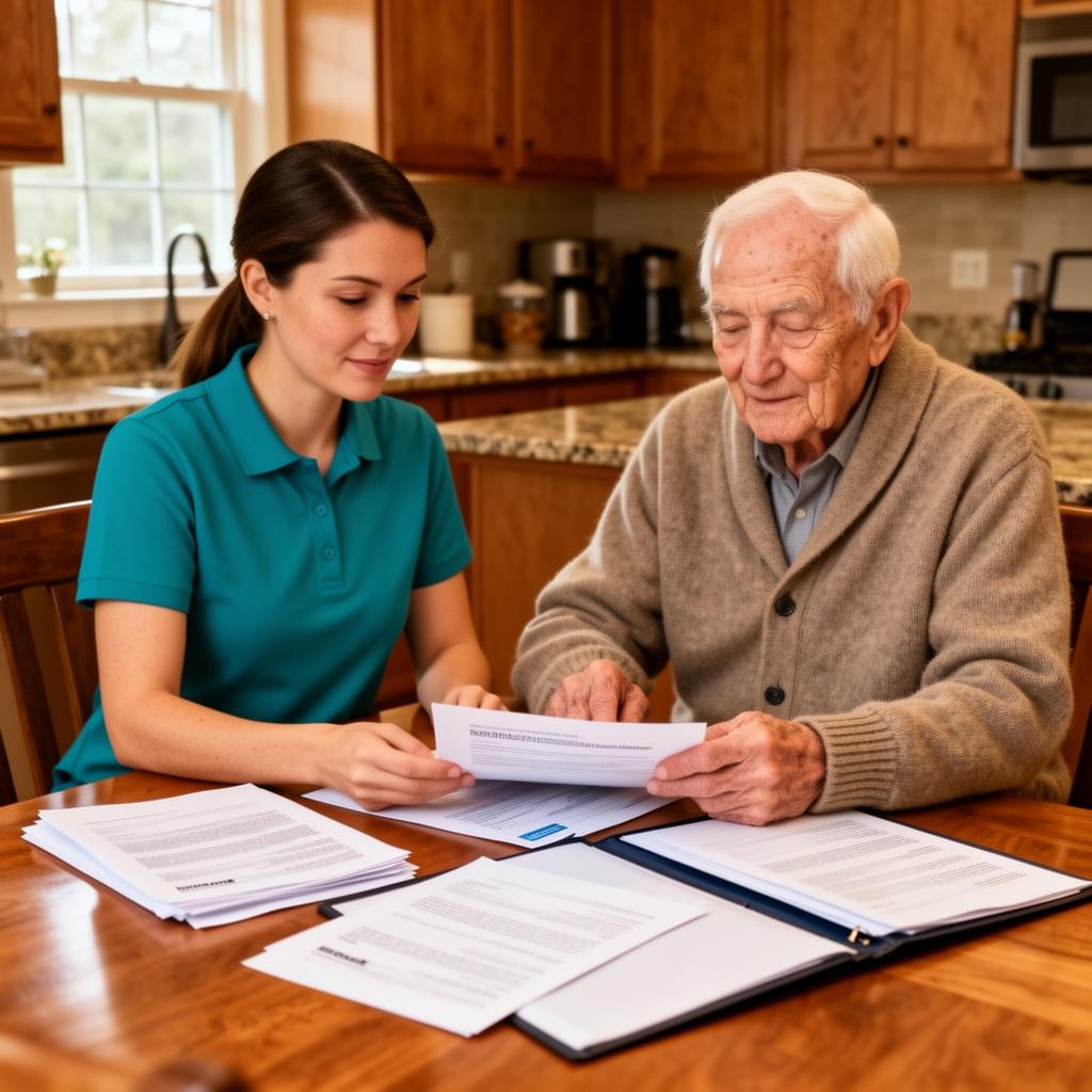 Caregiver in teal polo helping a senior review long-term care insurance documents at a kitchen table in Farmington Hills