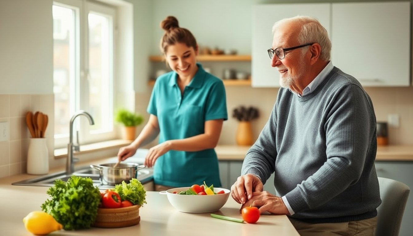 Caregiver preparing a nutritious meal while keeping a senior company, demonstrating the value of home care