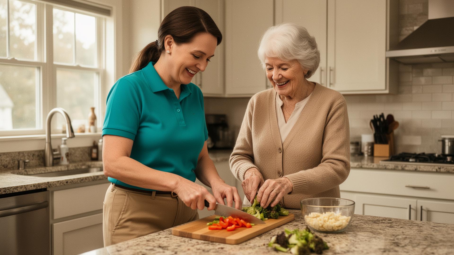 Home care caregiver in teal polo helping a senior woman prepare a healthy meal in her Michigan kitchen