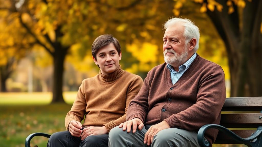 Adult son having a thoughtful conversation with his elderly father about starting home care