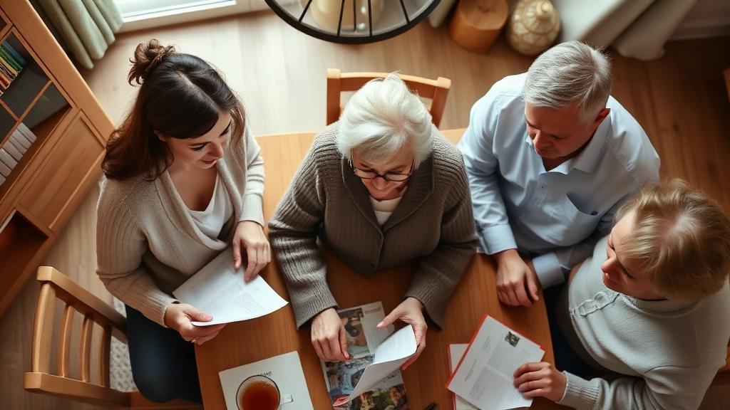 Family gathered at home discussing care options for their elderly loved one before making a decision