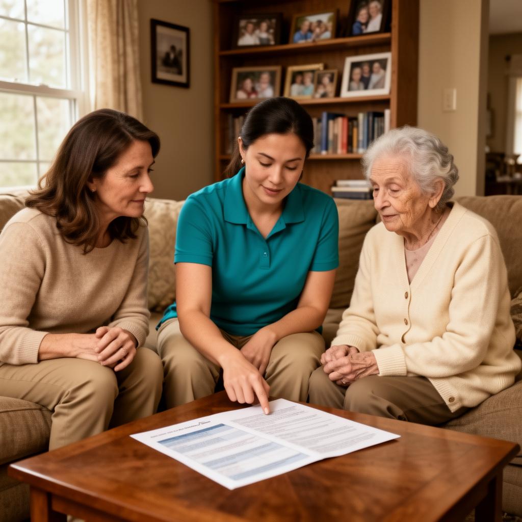 Adult daughter and caregiver discussing a detailed care plan with an elderly mother in a cozy Southeast Michigan home