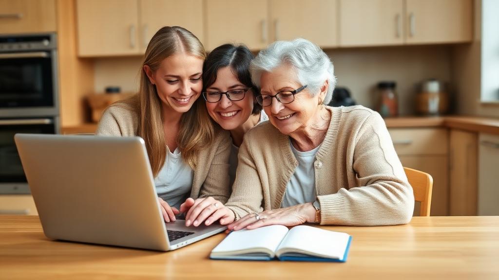 Family member and senior researching home care costs and options together on a laptop