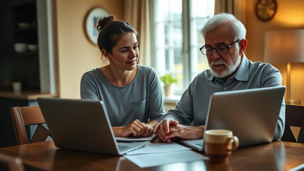 Adult daughter and elderly father reviewing caregiver options together at kitchen table