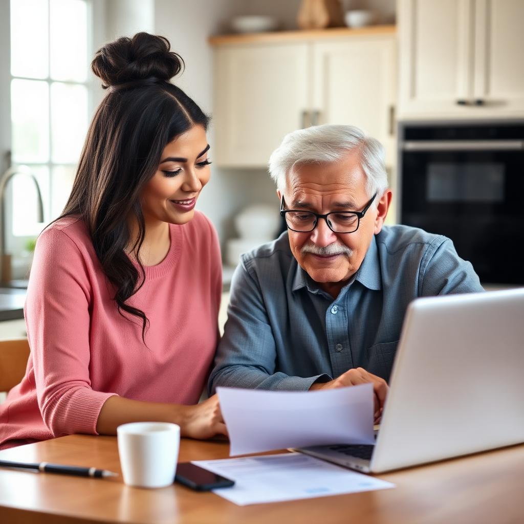 Family member and senior researching home care payment options together on a laptop