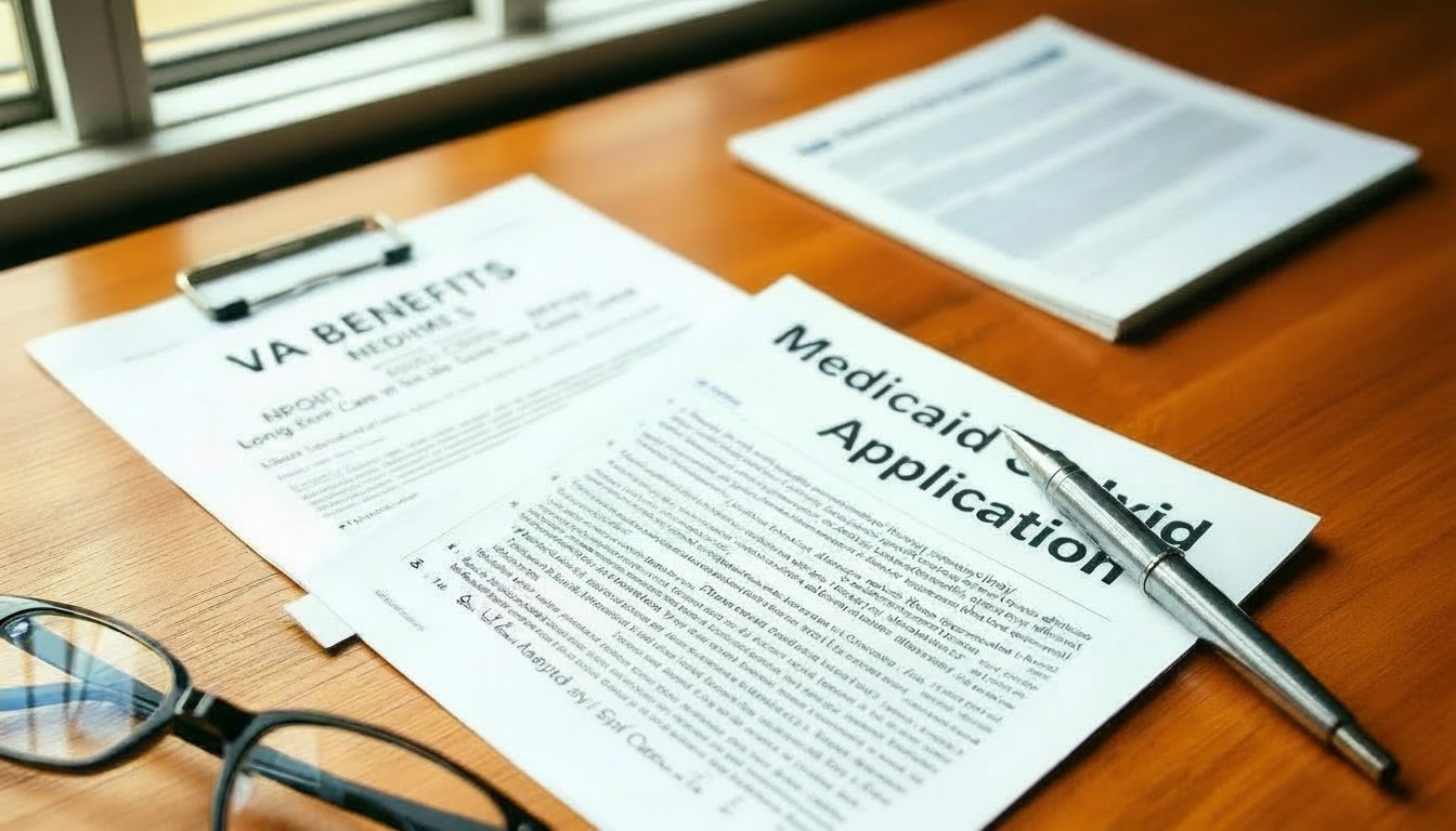 Home care payment options including VA benefits, long-term care insurance, and Medicare resources on a desk