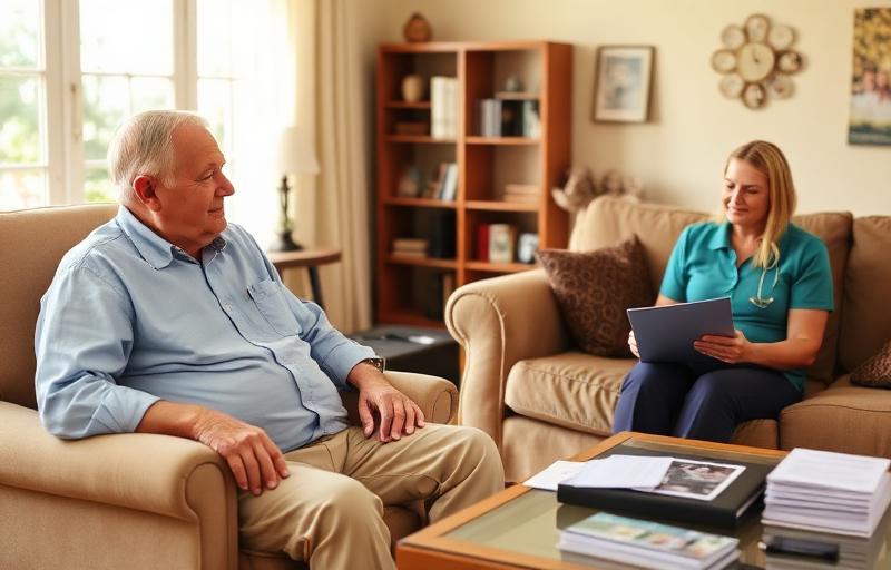 Senior receiving coordinated home health and home care support in a comfortable Michigan living room