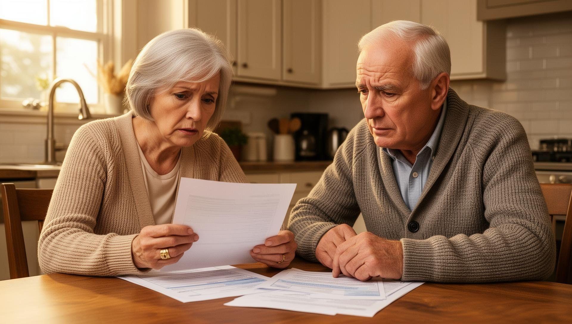 Senior couple reviewing Medicare paperwork at kitchen table