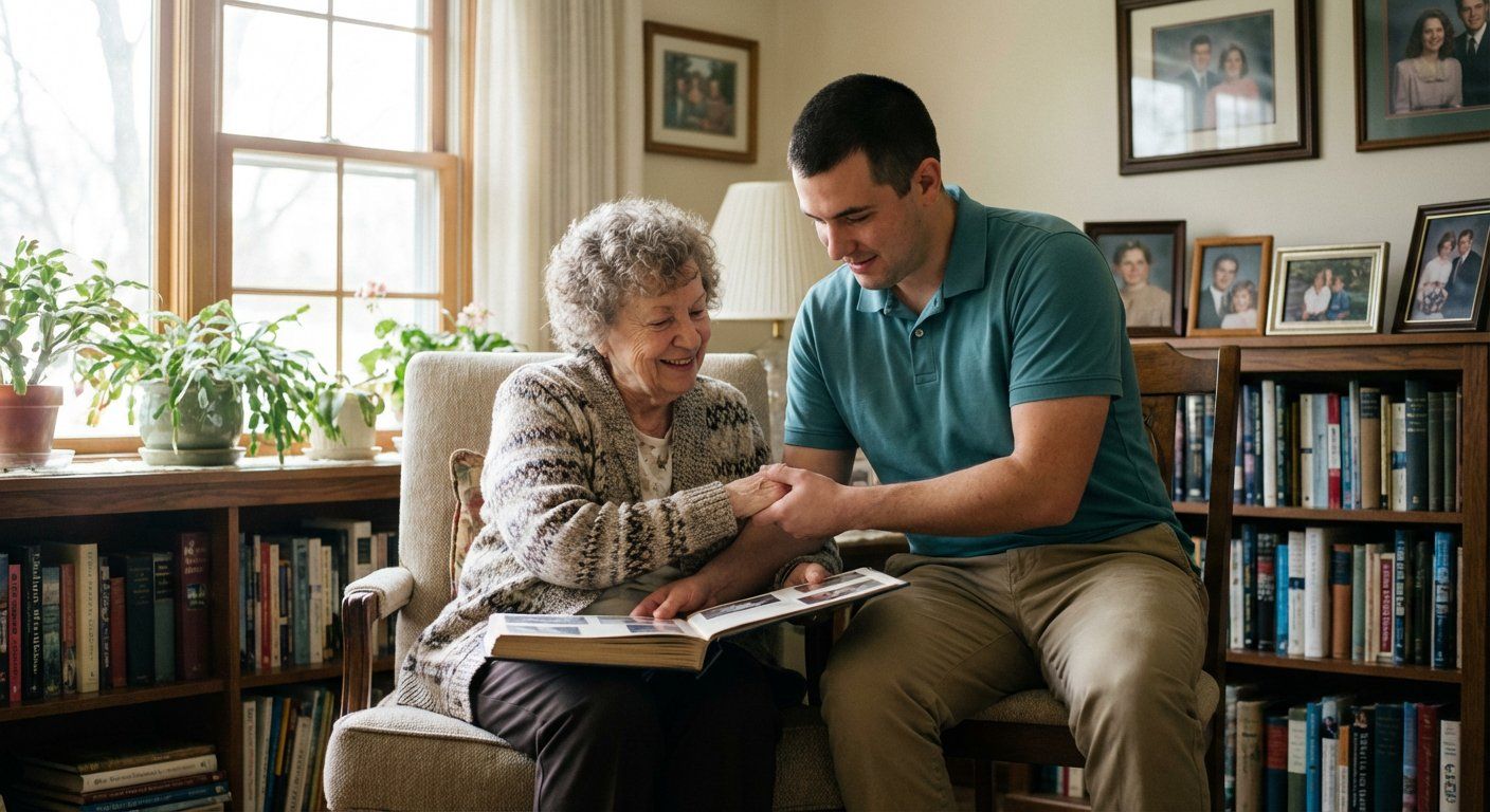 Professional caregiver helping senior woman with mobility in living room