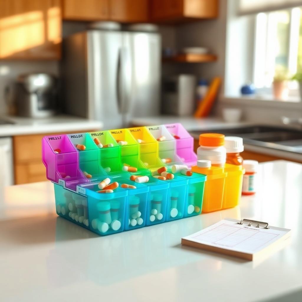 Well-organized medication station on kitchen counter with weekly pill organizer and prescription bottles