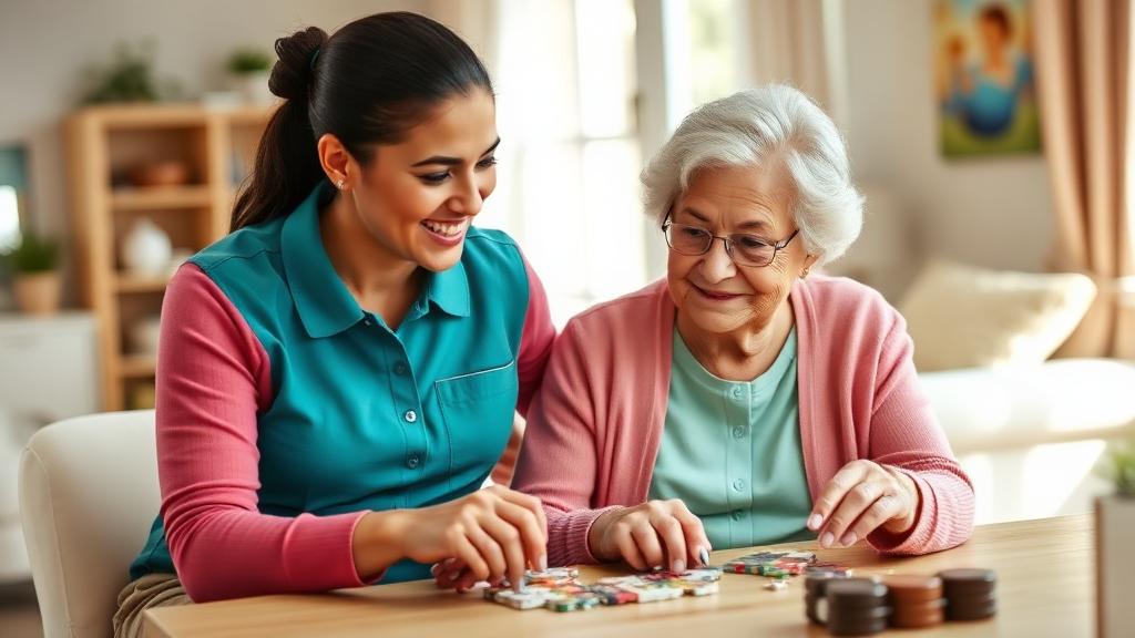 Professional respite caregiver engaging a senior in an enjoyable puzzle activity while family takes a break