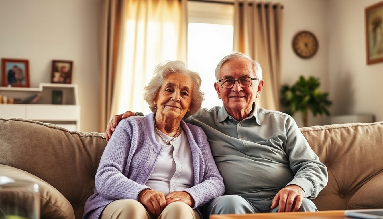 Senior couple sitting comfortably in their own home in Michigan, showing the familiarity and comfort of aging in place