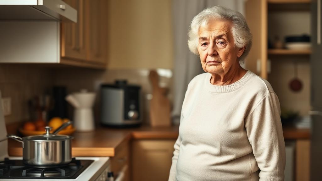 Senior showing subtle signs of needing help at home, such as forgetting tasks in the kitchen
