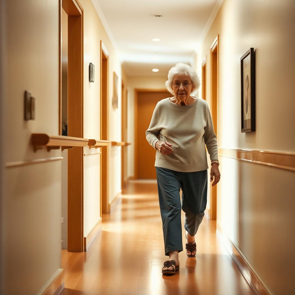 Senior walking safely through a well-lit hallway with handrails in her home