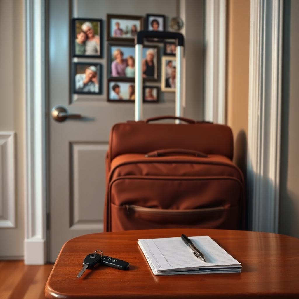 Packed suitcase by a front door with family photos on the wall, preparing to visit an aging parent