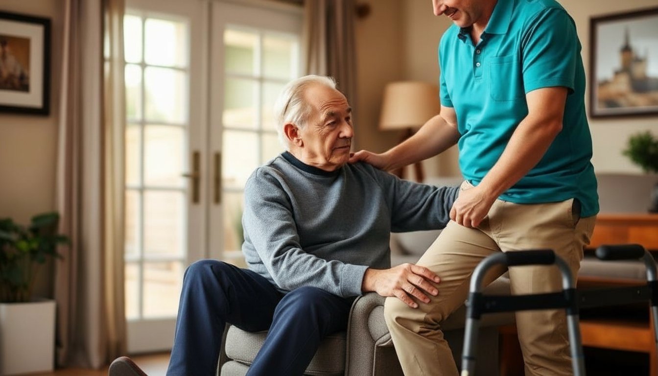 Trained W-2 caregiver using proper transfer technique to help a senior stand safely at home