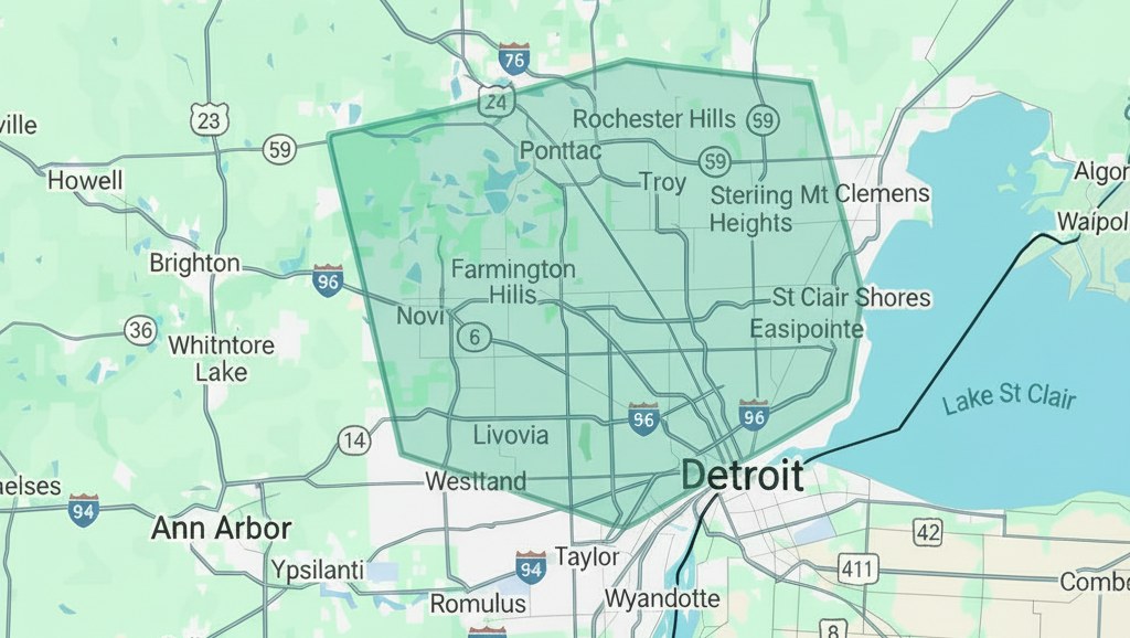 Map of Affordable Home Care service area covering Oakland, Wayne, and Macomb counties in Southeast Michigan