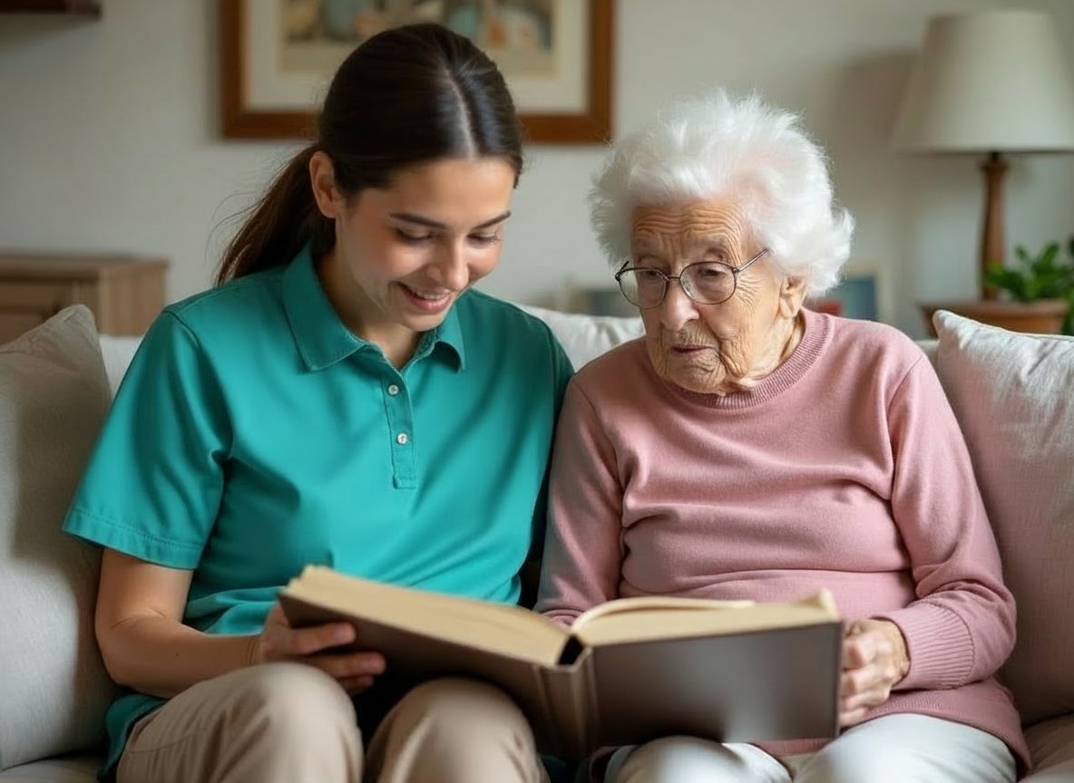 Professional caregiver looking through family photo album with elderly senior for memory care therapy in Michigan home