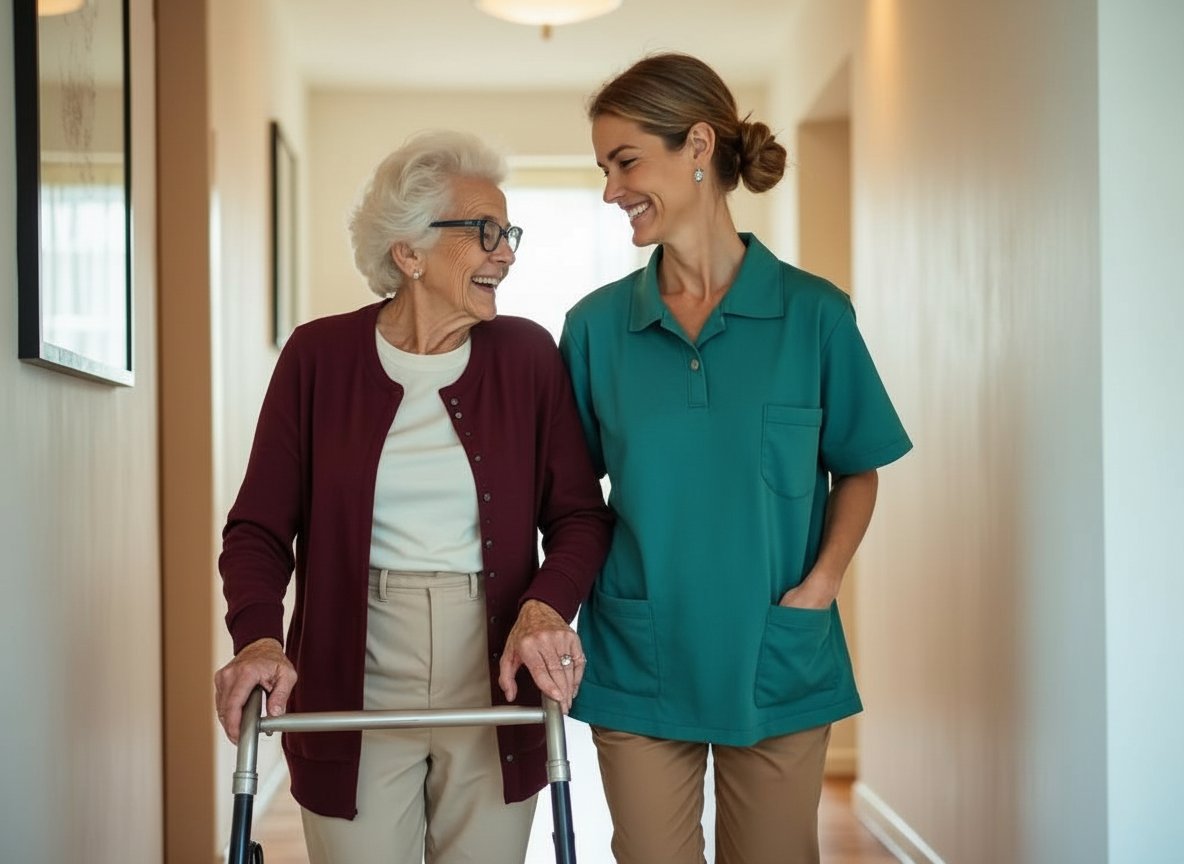 Professional caregiver safely assisting elderly senior with walker for fall prevention in Michigan home hallway