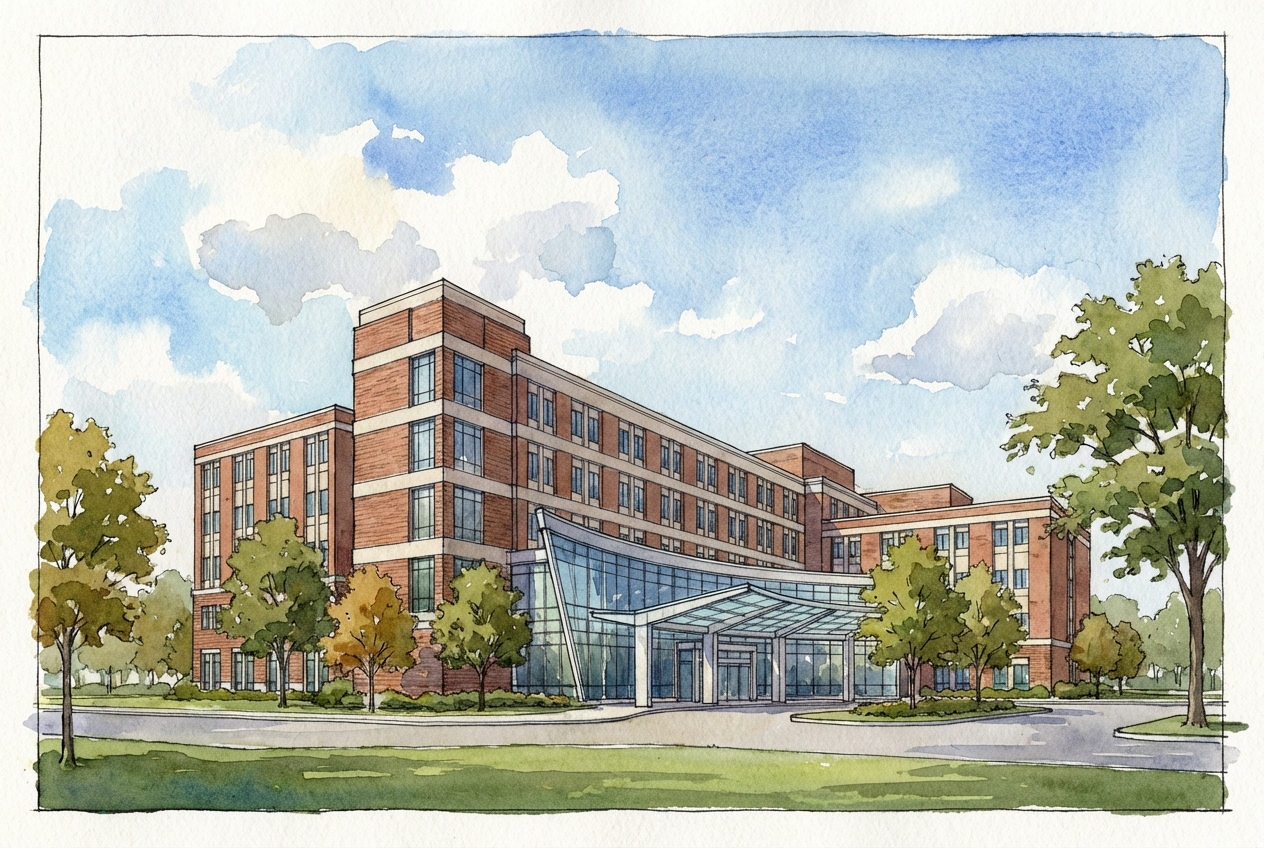 AI-generated architectural watercolor illustration of Corewell Health Farmington Hills Hospital — formerly Beaumont Hospital — at 28050 Grand River Avenue, Farmington Hills, Michigan, depicting the curved glass entrance canopy and brick facade in tight ink linework with naturalistic washes.