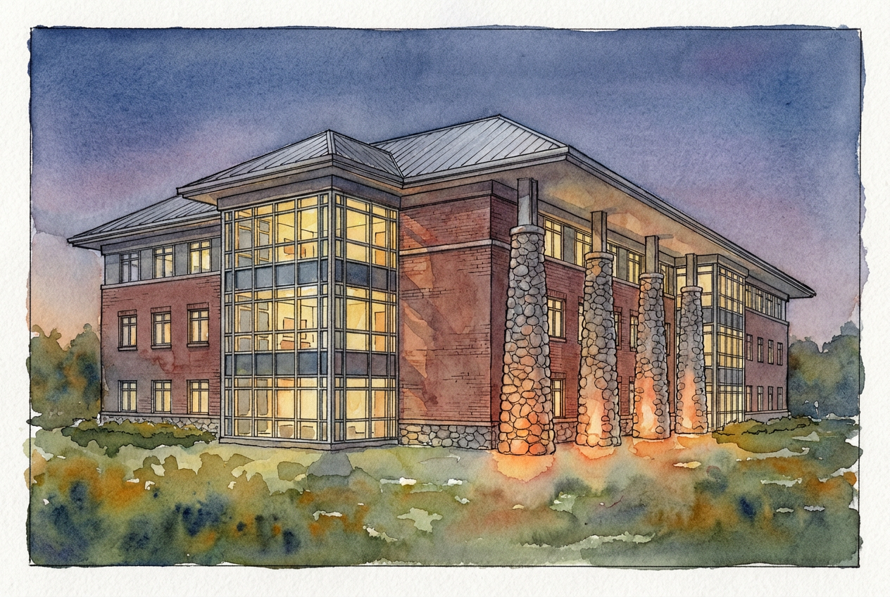 AI-generated architectural watercolor illustration of Henry Ford West Bloomfield Hospital at 6777 W Maple Road, West Bloomfield Township, Michigan, depicting the lodge-style stone columns and pitched timber entry pavilion in tight ink linework with naturalistic washes.