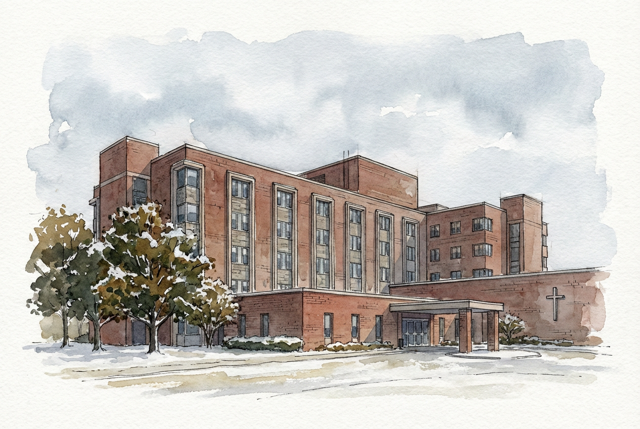 AI-generated architectural watercolor illustration of Trinity Health Livonia Hospital — formerly St. Mary Mercy Livonia — at 36475 Five Mile Road, Livonia, Michigan, depicting the brick mid-rise patient tower with the stone cross above the main entrance, in tight ink linework with naturalistic washes.