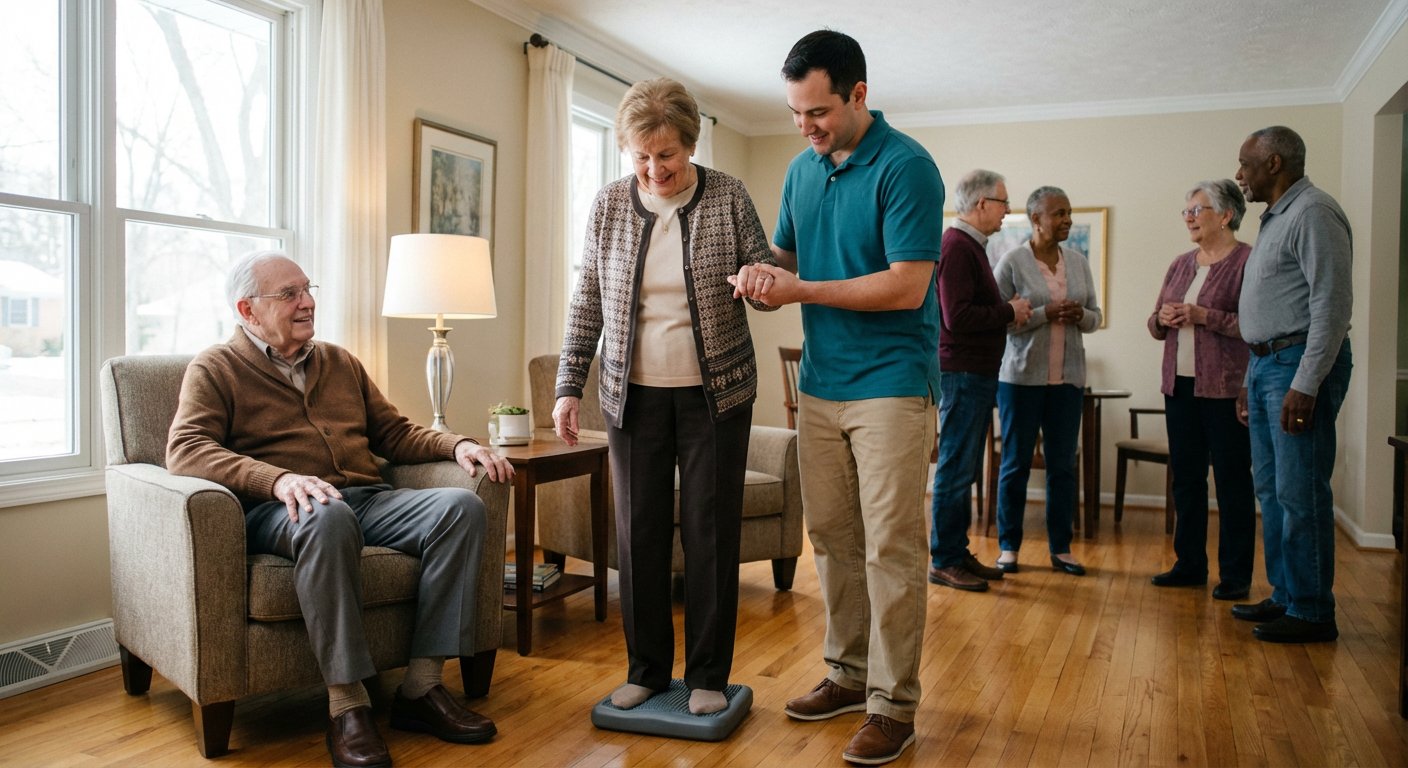 Senior doing balance exercises to improve stability and prevent falls