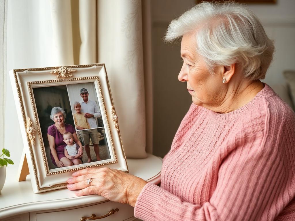 Senior enjoying family photos for memory recall and cognitive engagement