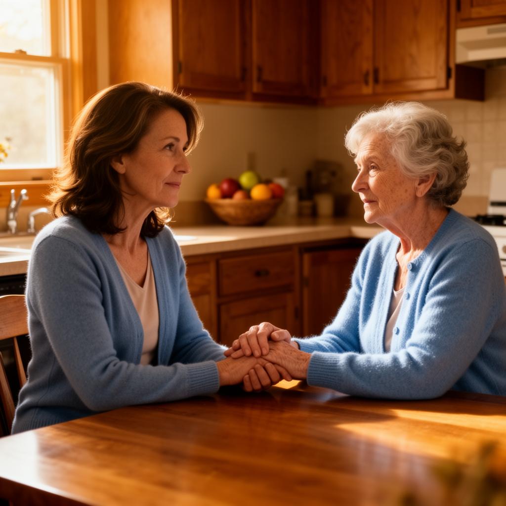 Adult daughter holding elderly mother's hand at kitchen table in warm Michigan home