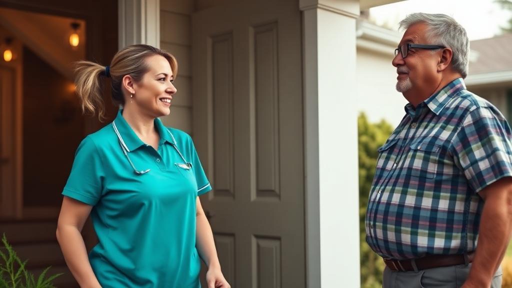 Professional caregiver arriving at front door, greeted by a relieved family member