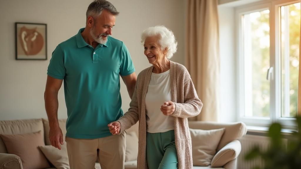 Male caregiver in teal polo helping an elderly woman with gentle balance exercises in a bright living room